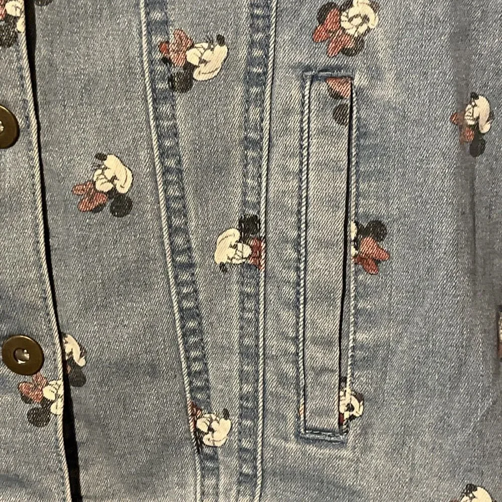 Disney‎ Adult Minnie Mouse All Over Face Print Denim Jean Jacket Women's XSmall